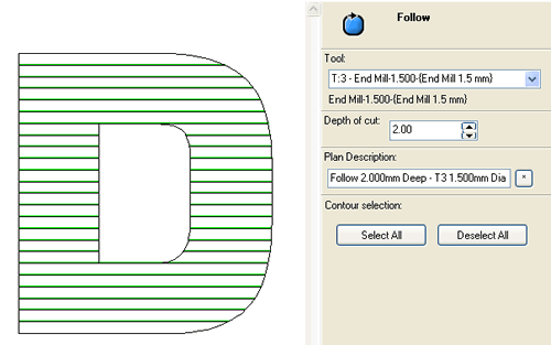 Select the follow machining plan and choose the hatch lines previously created