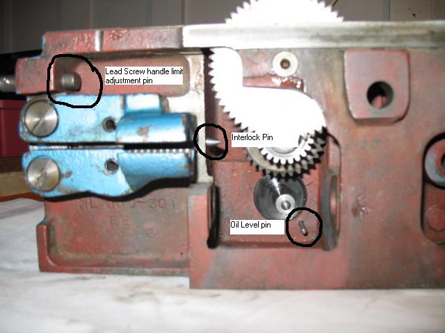 Details of the lead screw / feed shaft interlock.