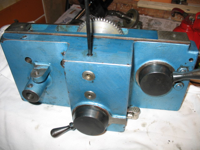 The assembled apron.  Note the allen key.  There are 4 set screws down that hole to locate the two shafts.  The shafts have oil holes drilled down the centre.