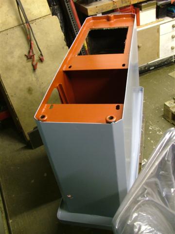 Lathe cabinet restoration to primed state, note slotted motor base plate holes modification to allow better pulley alignment.