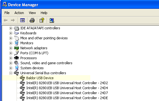 The Baldor controller listed under USB devices (XP/2000 only)