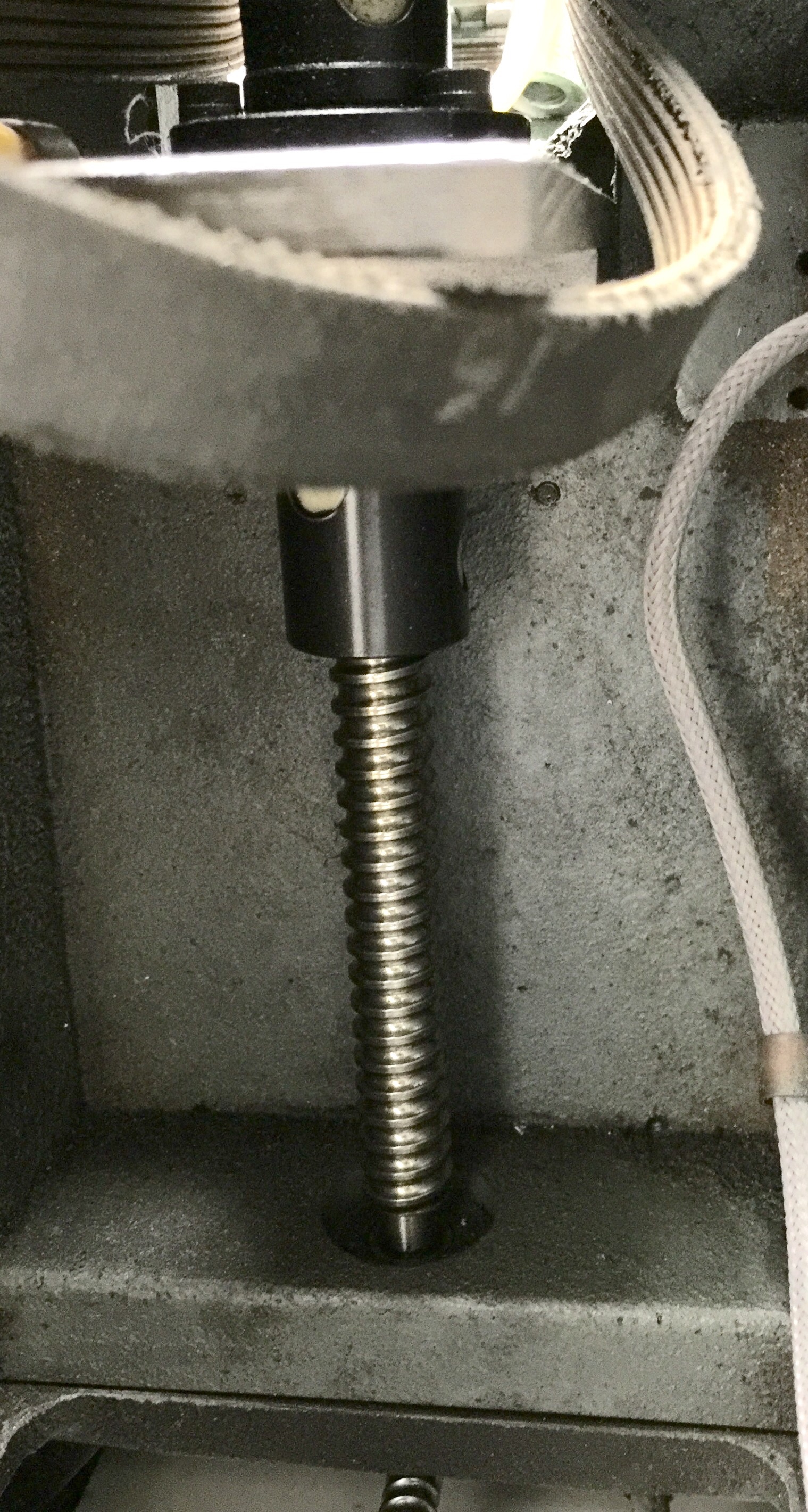 View from inside column with spindle drive belt trapped within the Z screw