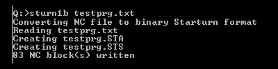 Shows the starturn STA file creator running from a DOS command prompt (in XP)