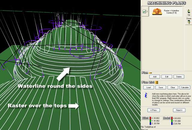 The Raster and Waterline Combo machining plan in QuickCAM Pro (not available in QuickCAM 3D)